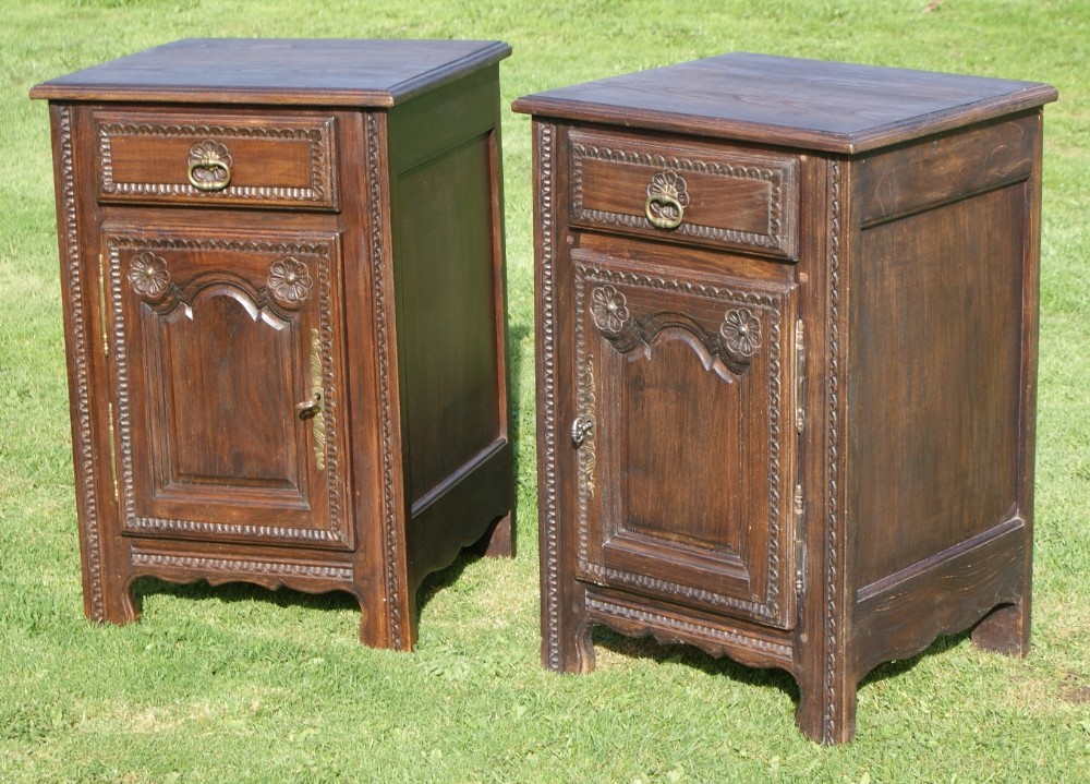 a stunning pair of antique french chestnut breton bedside cabinets