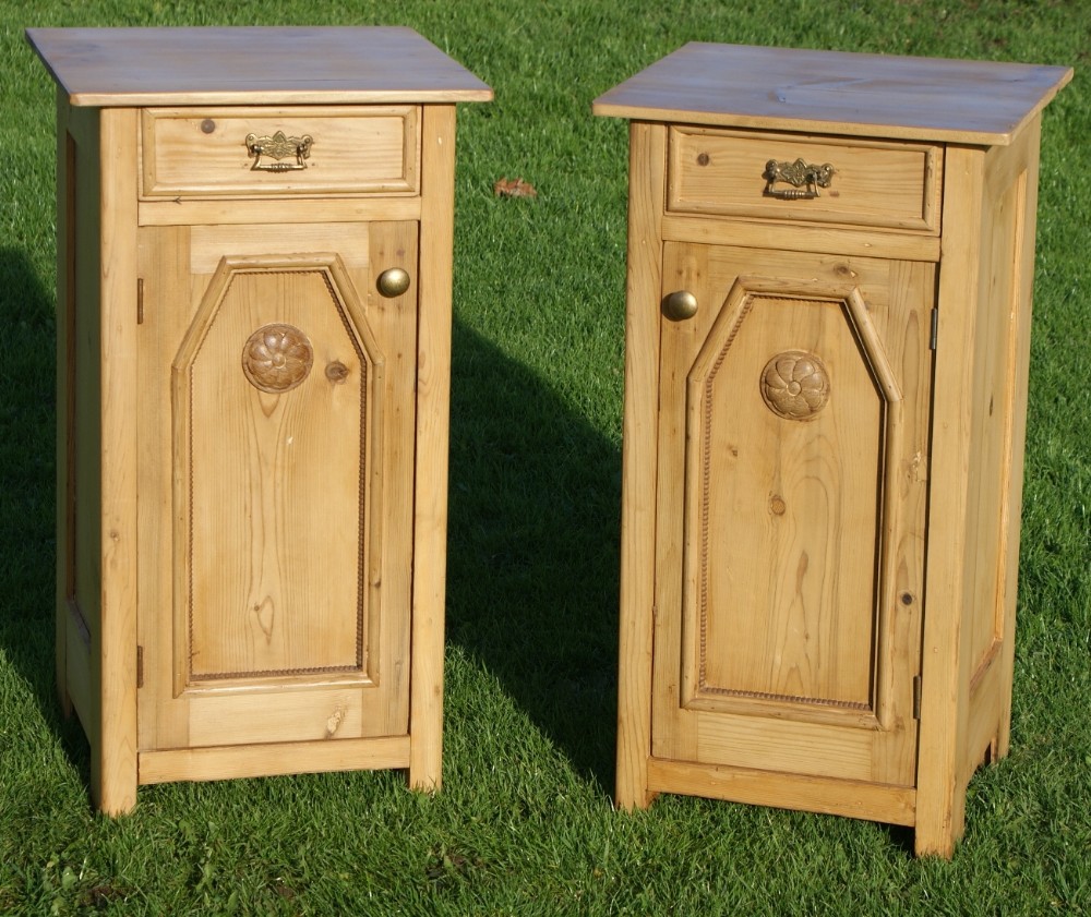 a fine matching pair of antique solid pine dutch bedside cabinets