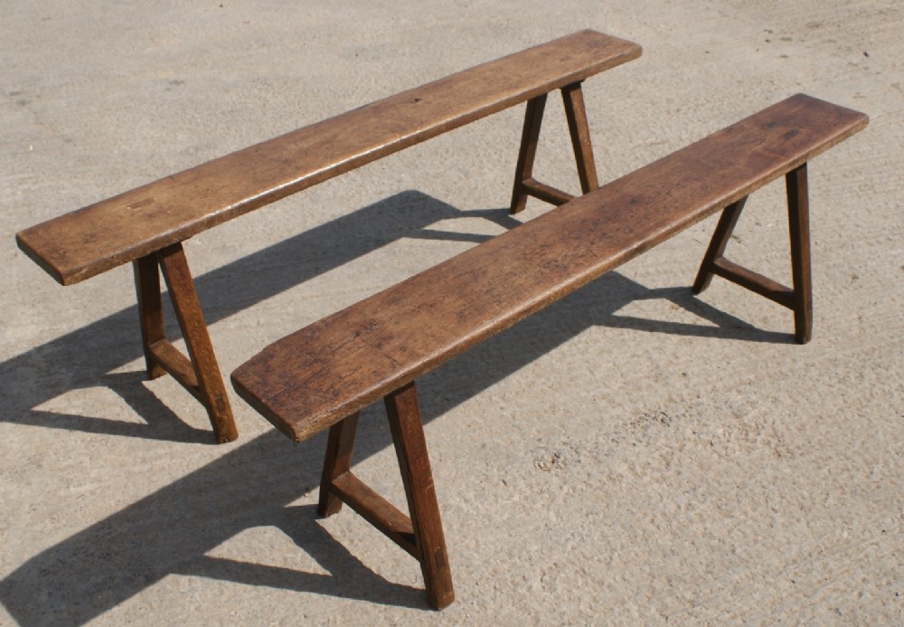 pretty pair of mid 19th century antique solid oak french trestle benches