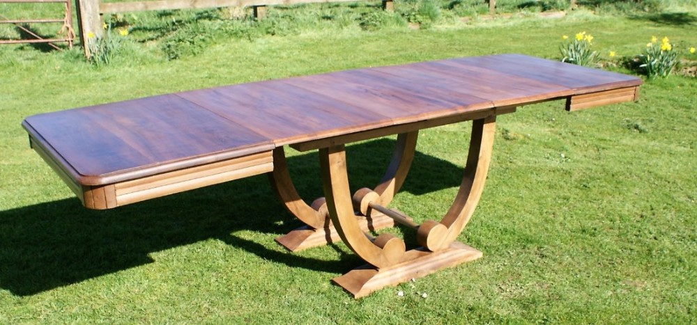 large french walnut art deco extending dining table with 3 leaves